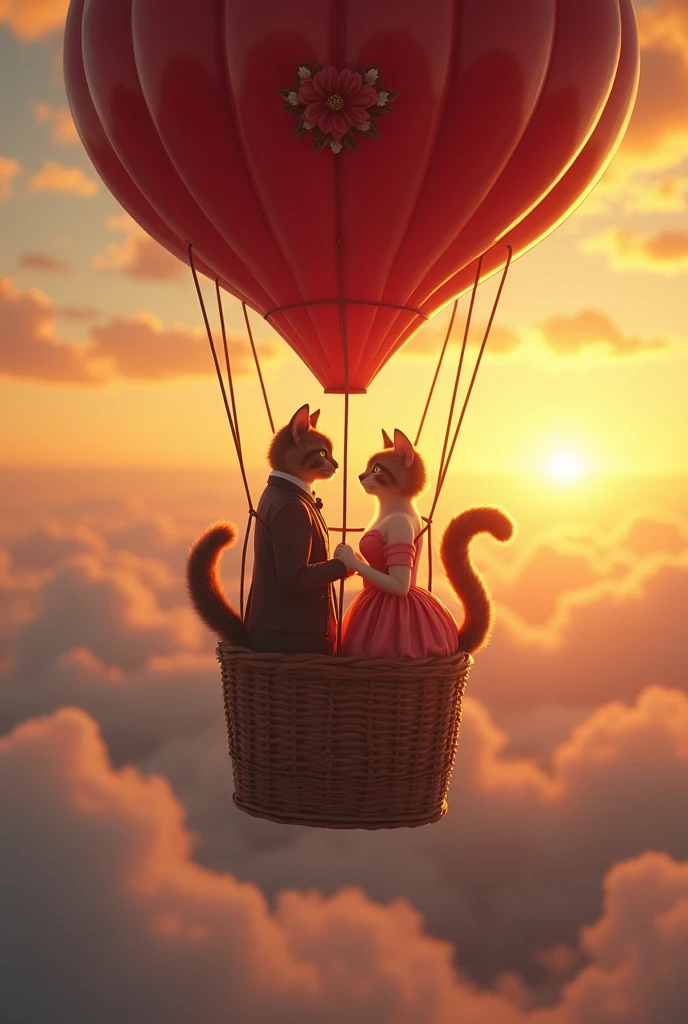 Scene 8: The Elevated Romance
Title: A Bold Ascent to Love
Description: In a heart-shaped hot air balloon, the handsome boy cat and the cute bold lady cat ascend into the sky. His commanding presence is softened by the romantic setting, while the lady cat, yet confident, holds his paw firmly. Her full chest and rounded hips, accentuated by her flowing gown, create a striking contrast against the backdrop of the golden sunset. As they rise above the clouds, the scene becomes a breathtaking display of their bold and powerful love.