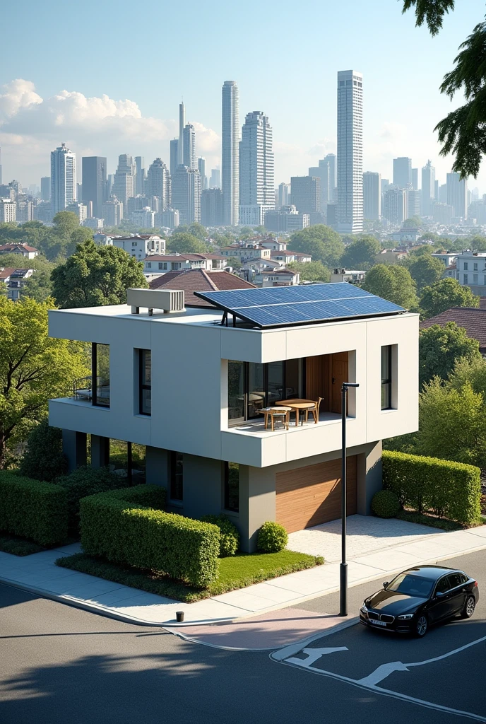 Generate me an image of a house in the city that uses solar panels