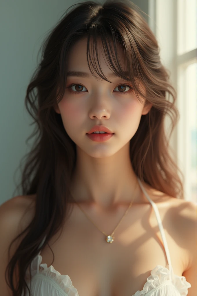 A woman with delicate features. Long straight brown hair with bangs. Almond eyes and olive skin. 