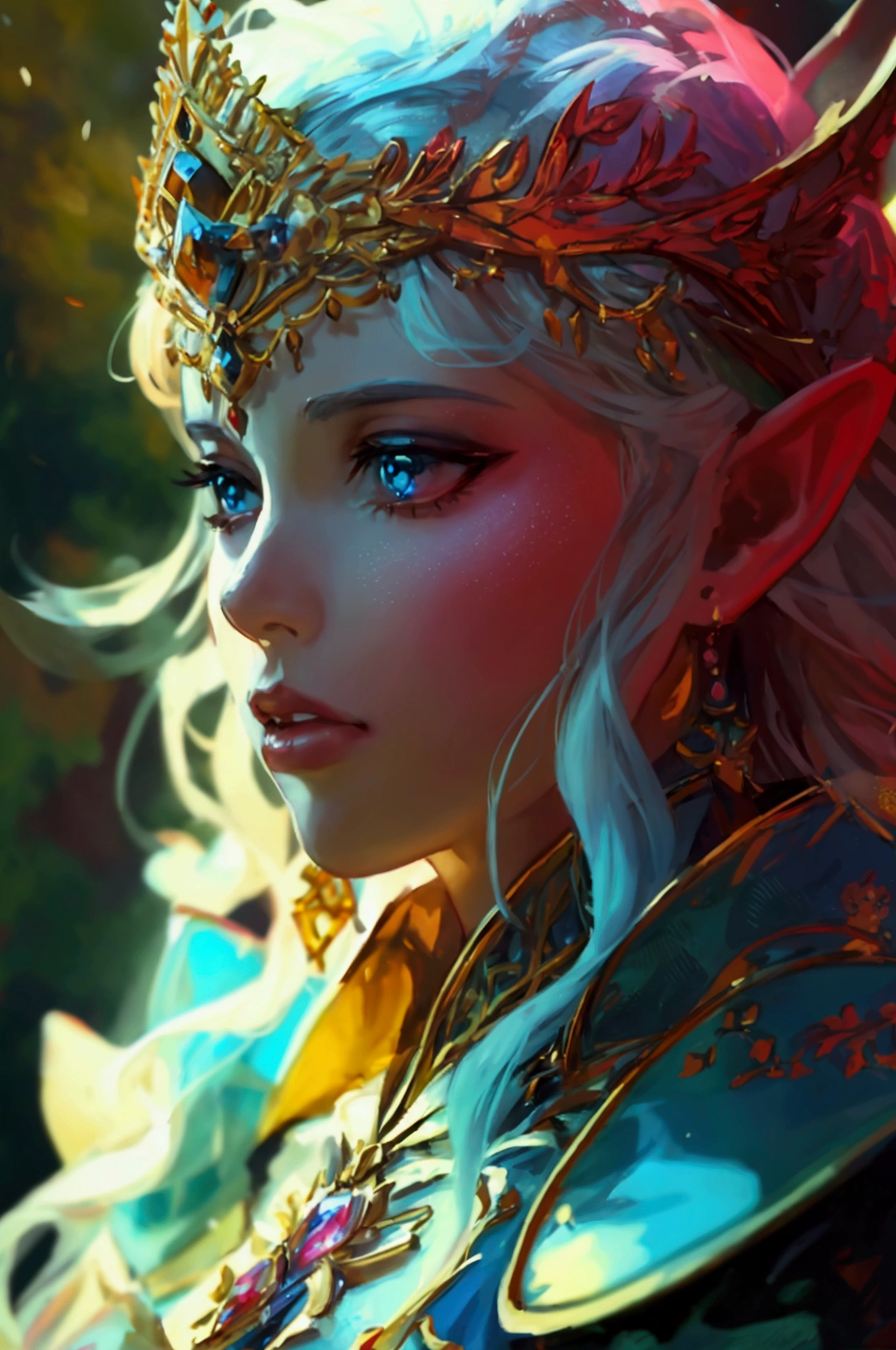 masterpiece, best quality, 8k ,4k , 1girl, elf queen, blond reddish hair, green eyes, big chest, gold wreath crown, hair ornament, finely detailed eyes and detailed face, looking at viewer, white sleeveless, Lace dress, patterned clothes, gold embroidery clothes, meticulous clothes, mature clothes, transparent cape with lace, majestic looks, smiling gently, small bird, full body, big tree background, inspired by Asukaziye artist : ask, art style : ask