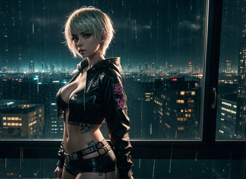 Young white woman, with short hair, big breasts, punk clothing, in a cyberpunk room, ((window with the city in the background)) ((at night)) ((rain))