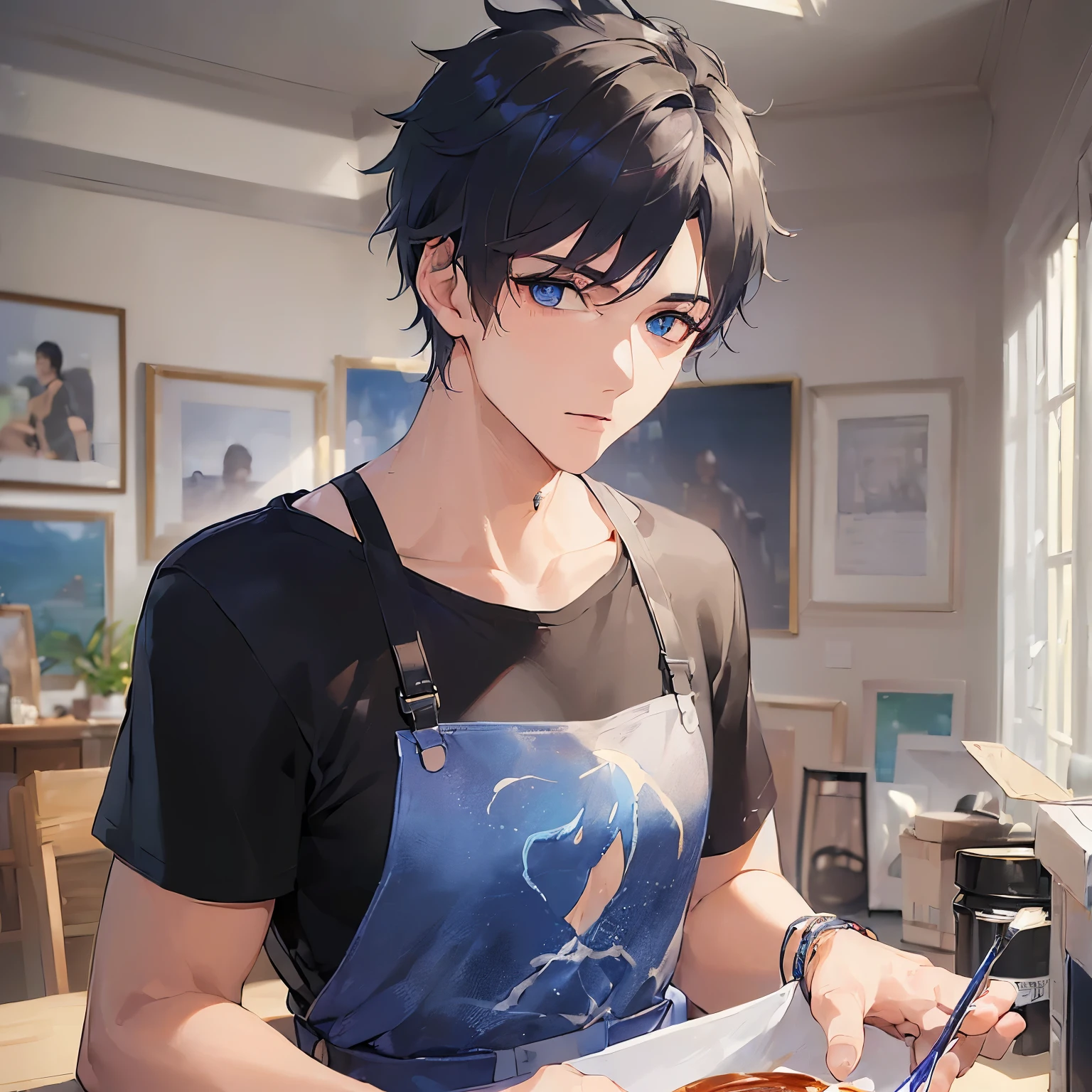 (25-year-old male:1.5) and (Black short hair) and (blue eyes), （looking away:1.5）,upper body、(Setting up a canvas:1.2)、（Mixing on a paint palette：1.5）、
shiny skin, masterpiece、Highest quality、
（black T shirts）、apron、canvas、
Serious,Art Room