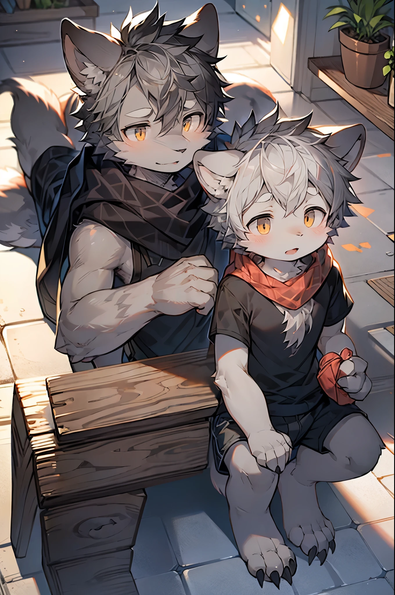 Gray Wolf Boy,Hairy boy,Characteristics of infants and ,Gray hair,Gray skin,Black Arm,scarf,Short sleeve,shorts,