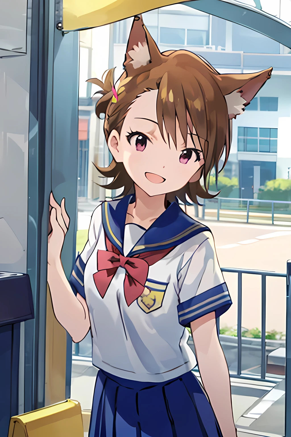 (UHD)、ami futami、dog ears、open mouth smile、school uniform、8k