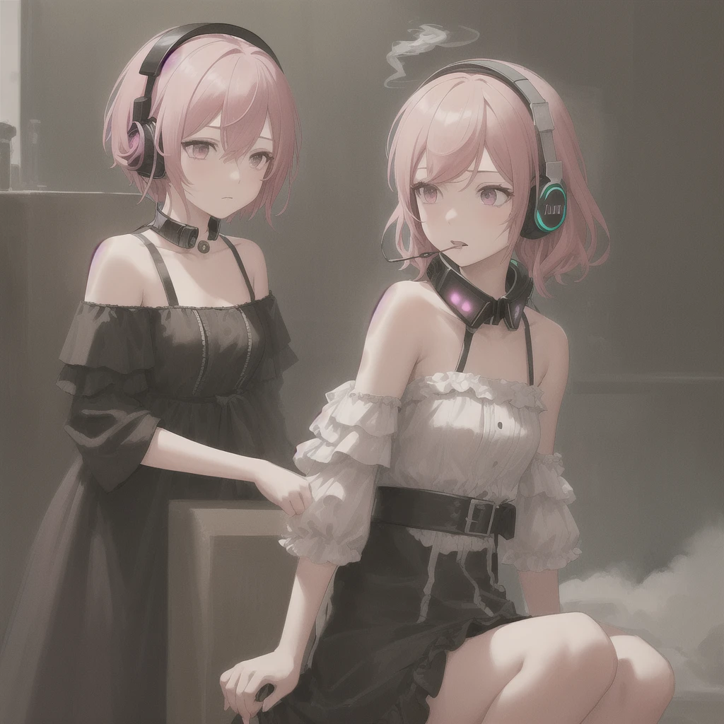 masterpiece, best quality, vocaloid, pink hair, dark, brown eyes, eye, off shoulder, strapless, black dress, headset, short hair, classic bangs, green headphones, judgmental facial expression fumando, smoke