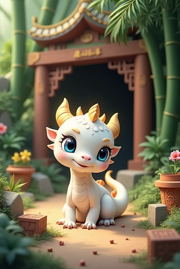 white dragon,cute style,Chinese style,Dragon learns things,Background forest,cover cave,architectural cave,Building materials spilled