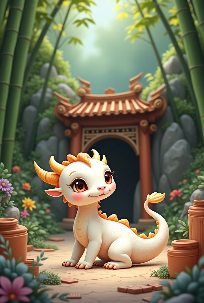 white dragon,cute style,Chinese style,Dragon learns things,Background forest,cover cave,architectural cave,Building materials spilled