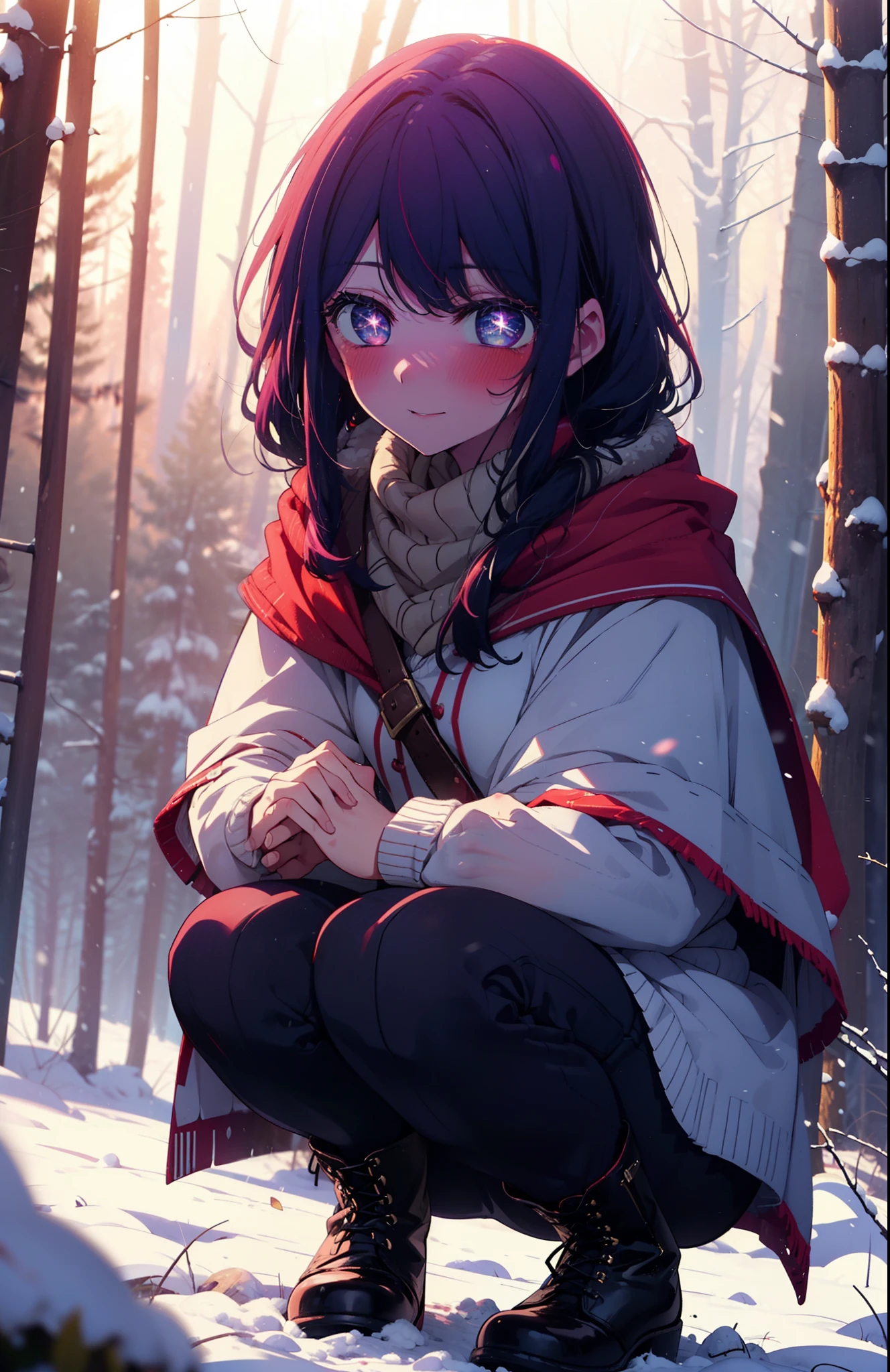 aihoshino, Ai Hoshino, Long Hair, bangs, (Purple eyes:1.1), Purple Hair, (Symbol-shaped pupil:1.5), smile,,smile,blush,white breath,
Open your mouth,snow,Ground bonfire, Outdoor, boots, snowing, From the side, wood, suitcase, Cape, Blurred, , forest, White handbag, nature,  Squat, Mouth closed, Cape, winter, Written boundary depth, Black shoes, red Cape break looking at viewer, Upper Body, whole body, break Outdoor, forest, nature, break (masterpiece:1.2), Highest quality, High resolution, unity 8k wallpaper, (shape:0.8), (Beautiful and beautiful eyes:1.6), Highly detailed face, Perfect lighting, Highly detailed CG, (Perfect hands, Perfect Anatomy),
