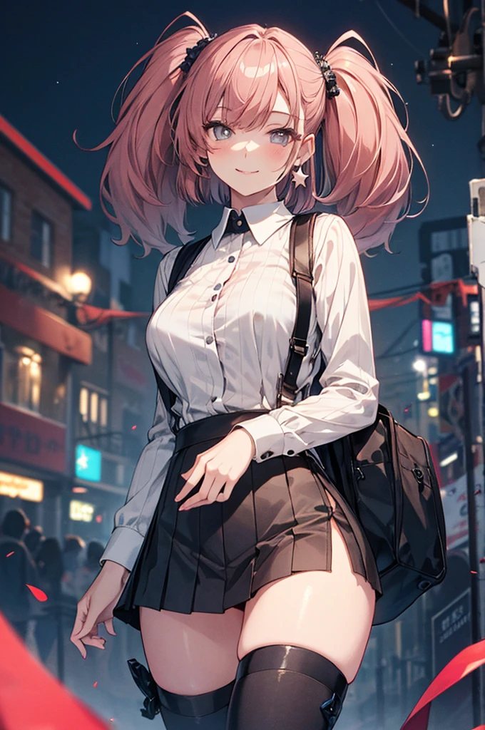 thighs,1girl, solo,AtlantaKC,(white) long sleeves shirt, (black) suspender skirt,(grey eyes),pink hair,twintails,(large breasts),thighs,(anchor) hair ornament, (star (symbol)) earrings, (single) earring, (left-side) earring,
looking at viewer, facing to viewer, smile,masterpiece,Noise Reduction,perfect anatomy,high resolution, ultra-detailed, ultra-detailed face,game cg,dutch angle ,beautiful detailed eyes,visualart,five fingers, perfect hands, perfect lighting, sparkling pupils,