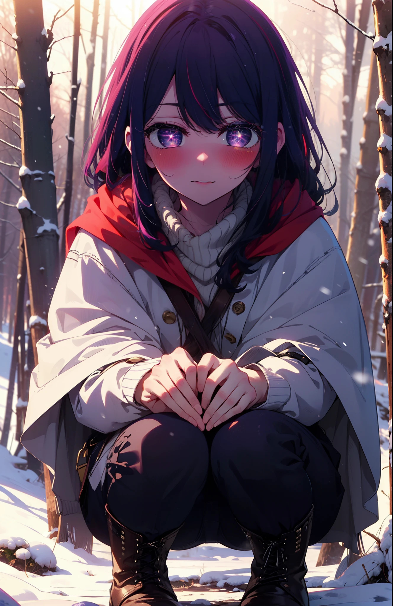 aihoshino, Ai Hoshino, Long Hair, bangs, (Purple eyes:1.1), Purple Hair, (Symbol-shaped pupil:1.5), smile,,smile,blush,white breath,
Open your mouth,snow,Ground bonfire, Outdoor, boots, snowing, From the side, wood, suitcase, Cape, Blurred, , forest, White handbag, nature, Squat, Mouth closed, Cape, winter, Written boundary depth, Black shoes, red Cape break looking at viewer, Upper Body, whole body, break Outdoor, forest, nature, break (masterpiece:1.2), Highest quality, High resolution, unity 8k wallpaper, (shape:0.8), (Beautiful and beautiful eyes:1.6), Highly detailed face, Perfect lighting, Highly detailed CG, (Perfect hands, Perfect Anatomy),