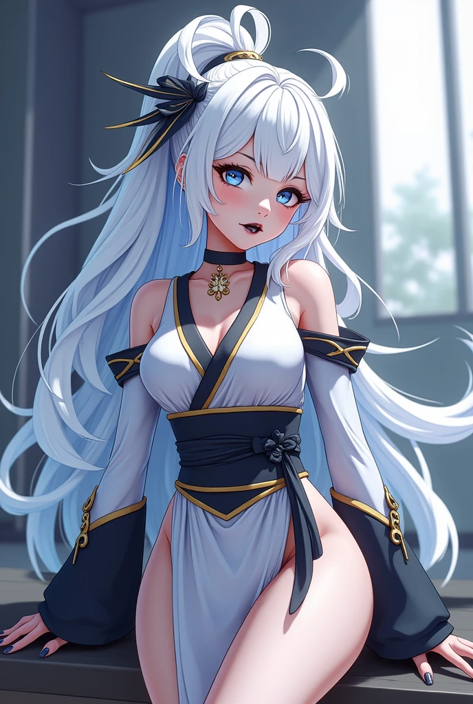 Personaje femenino de la serie de Miraculous LadyBug
Cabello white ,blue eyes,Dress-type suit with black obi ,white,Gold and Blue ,black low heel shoes ,Black choker with feather pendant ,Tez blanca,thin and with black lined eyes, With black lips