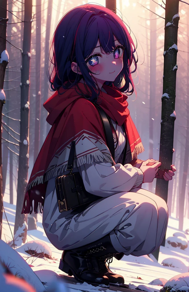 aihoshino, Ai Hoshino, Long Hair, bangs, (Purple eyes:1.1), Purple Hair, (Symbol-shaped pupil:1.5), smile,,smile,blush,white breath,
Open your mouth,snow,Ground bonfire, Outdoor, boots, snowing, From the side, wood, suitcase, Cape, Blurred, , forest, White handbag, nature, Squat, Mouth closed, Cape, winter, Written boundary depth, Black shoes, red Cape break looking at viewer, Upper Body, whole body, break Outdoor, forest, nature, break (masterpiece:1.2), Highest quality, High resolution, unity 8k wallpaper, (shape:0.8), (Beautiful and beautiful eyes:1.6), Highly detailed face, Perfect lighting, Highly detailed CG, (Perfect hands, Perfect Anatomy),