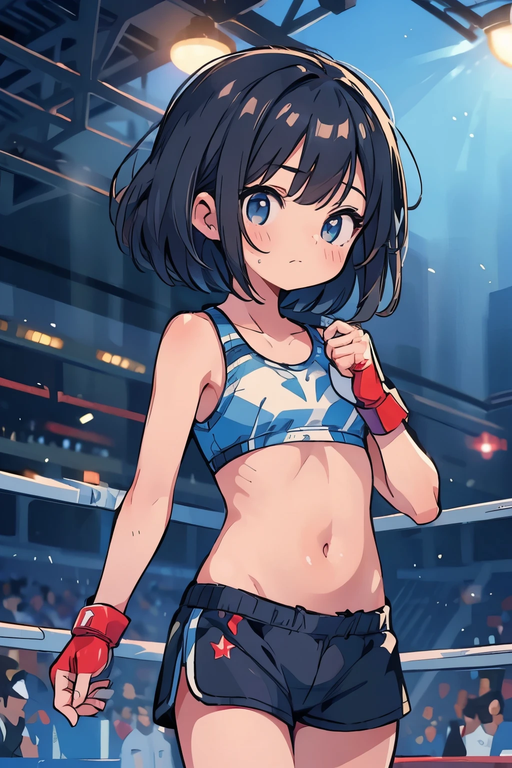 (boxing:1.3)、(Elementary school girl:1.1)、belly button、cool、Shorts、Shortcuts、Serious expression、strong、(Closed Mouth:1.1)