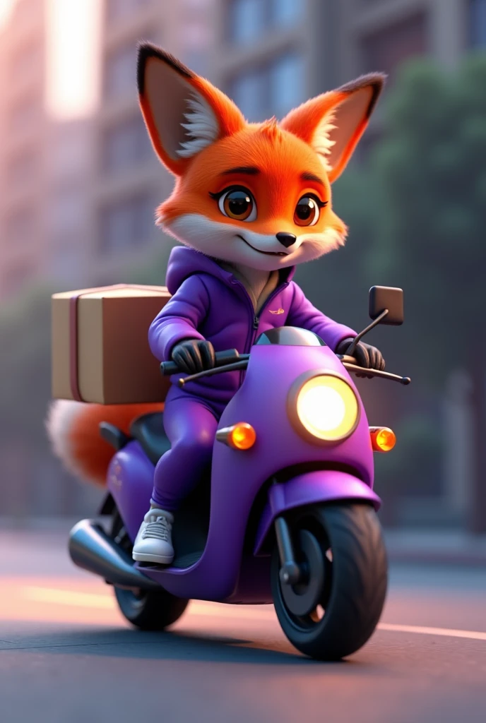 A Disney Pixar 4D style fox wearing a stylish purple tracksuit and dropshipping on top of a motorcycle style delivery man motorcycle