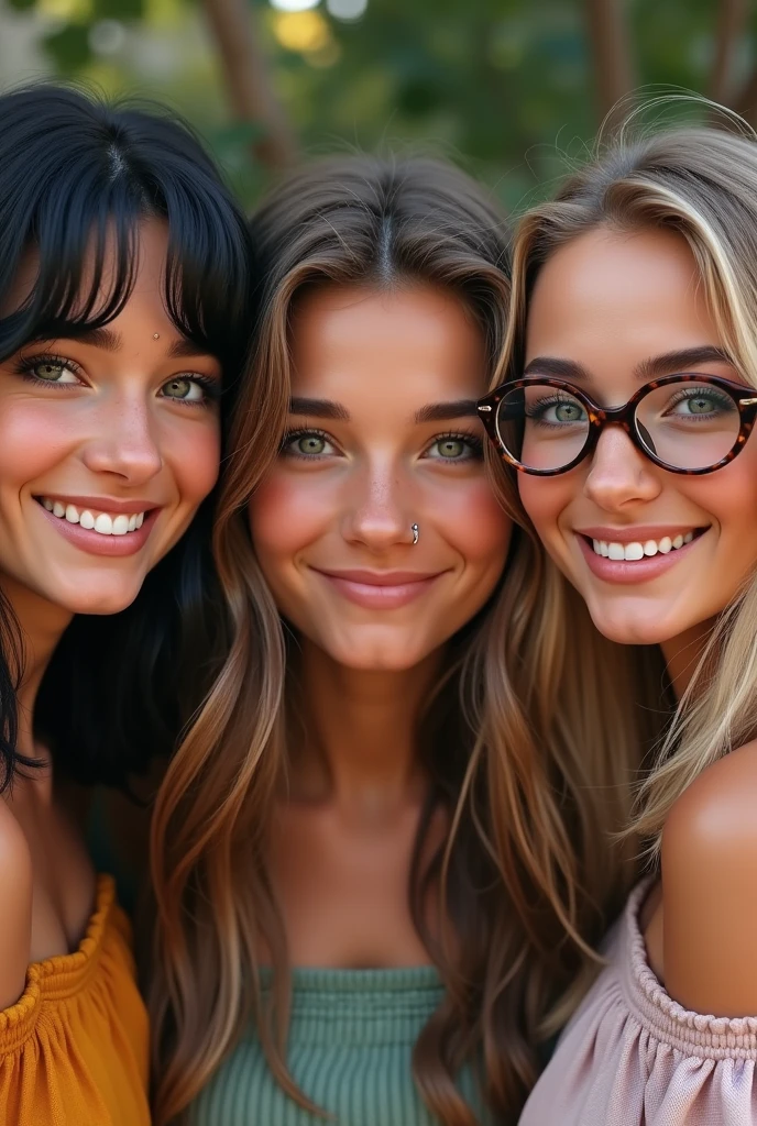 Three friends of 25 years old, one with short black hair, green eyes and a nose piercing, Another one in the middle with long, wavy light brown hair, hazel eyes and dimples when she smiles and the other blonde with blue eyes with wavy hair and lots of volume and glasses so that the image is realistic. 