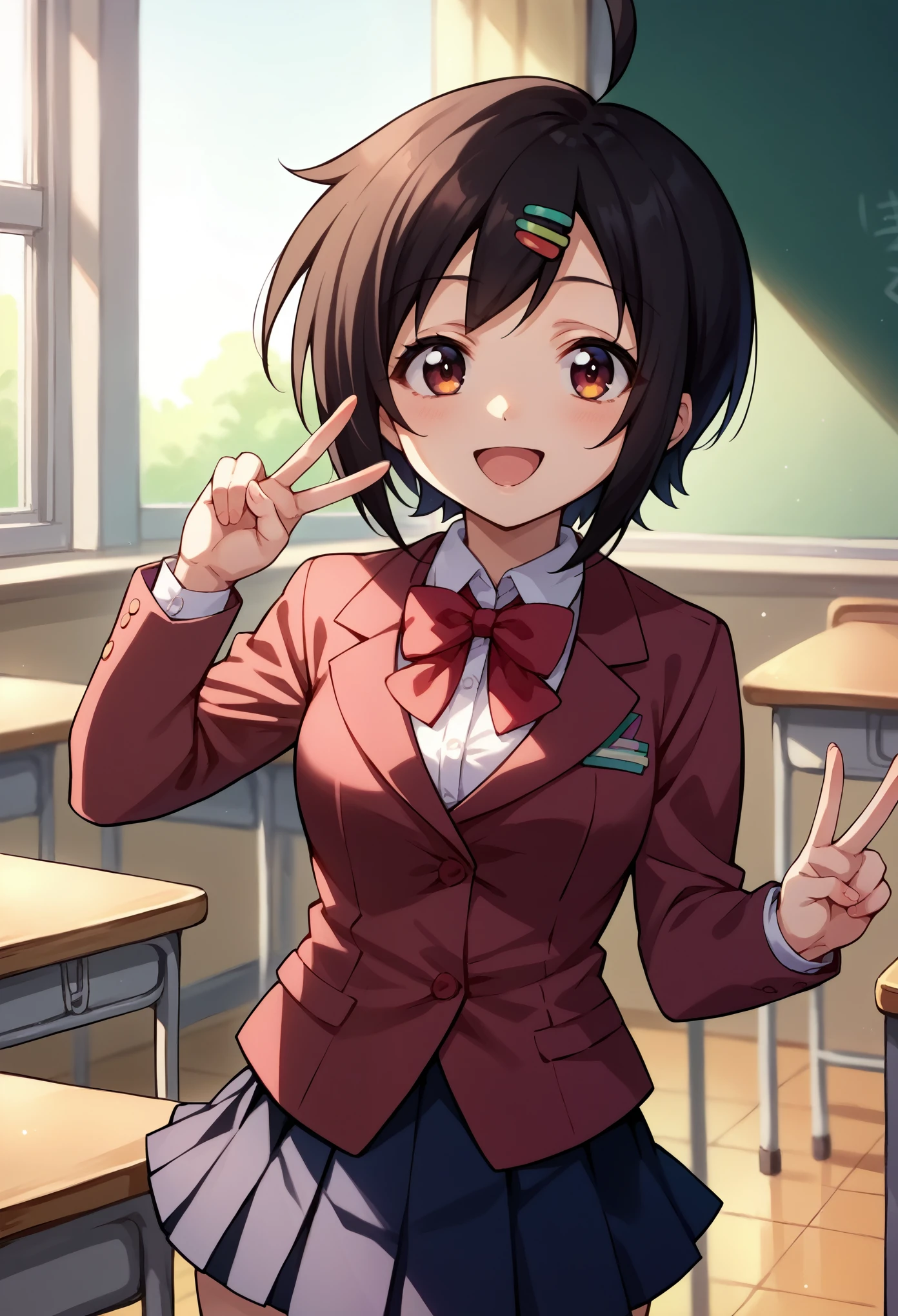 score_9, score_8_up, score_7_up, 1girl, solo, sakuTomo, black hair, short hair, ahoge,hairchip, maroon blazer, red bowtie, pleated skirt, happy, peace sign, looking at you, classroom