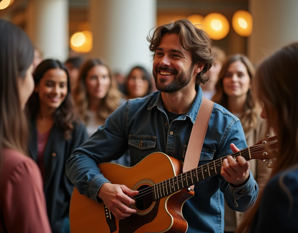 Create a photo of a smiling guitarist playing in a circle with people
