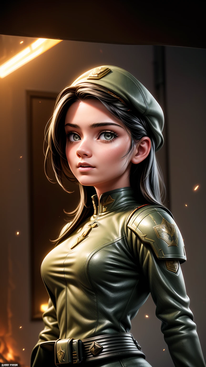a beautiful female soldier standing in front of the latest state-of-the-art armored tank, detailed portrait, intricate military uniform, confident expression, cinematic lighting, dramatic angle, photorealistic, highly detailed, 8k, unreal engine, volumetric lighting, hyper realistic, seamless, award winning, concept art style