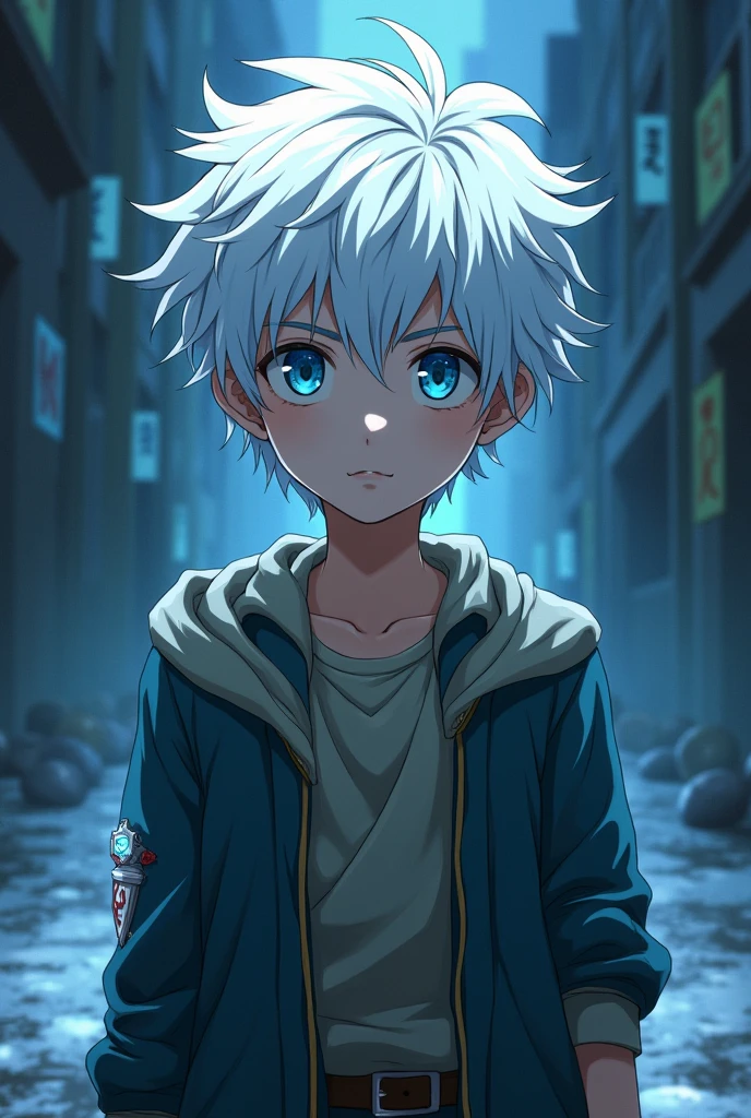 A young boy in the style of Bungou Stray Dogs, he has white hair and blue eyes 