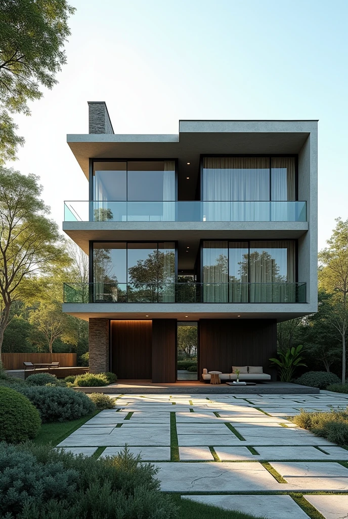 Exterior of house, contemporary style, inspired of Noman Forster, glass and steel frame, facade 5 stars hotel design, beautifull landscape, stone pavement cars, RAW photo, 4K uhd, dslr, soft lighting, high quality, film grain, Fujifilm XT3, masterpiece