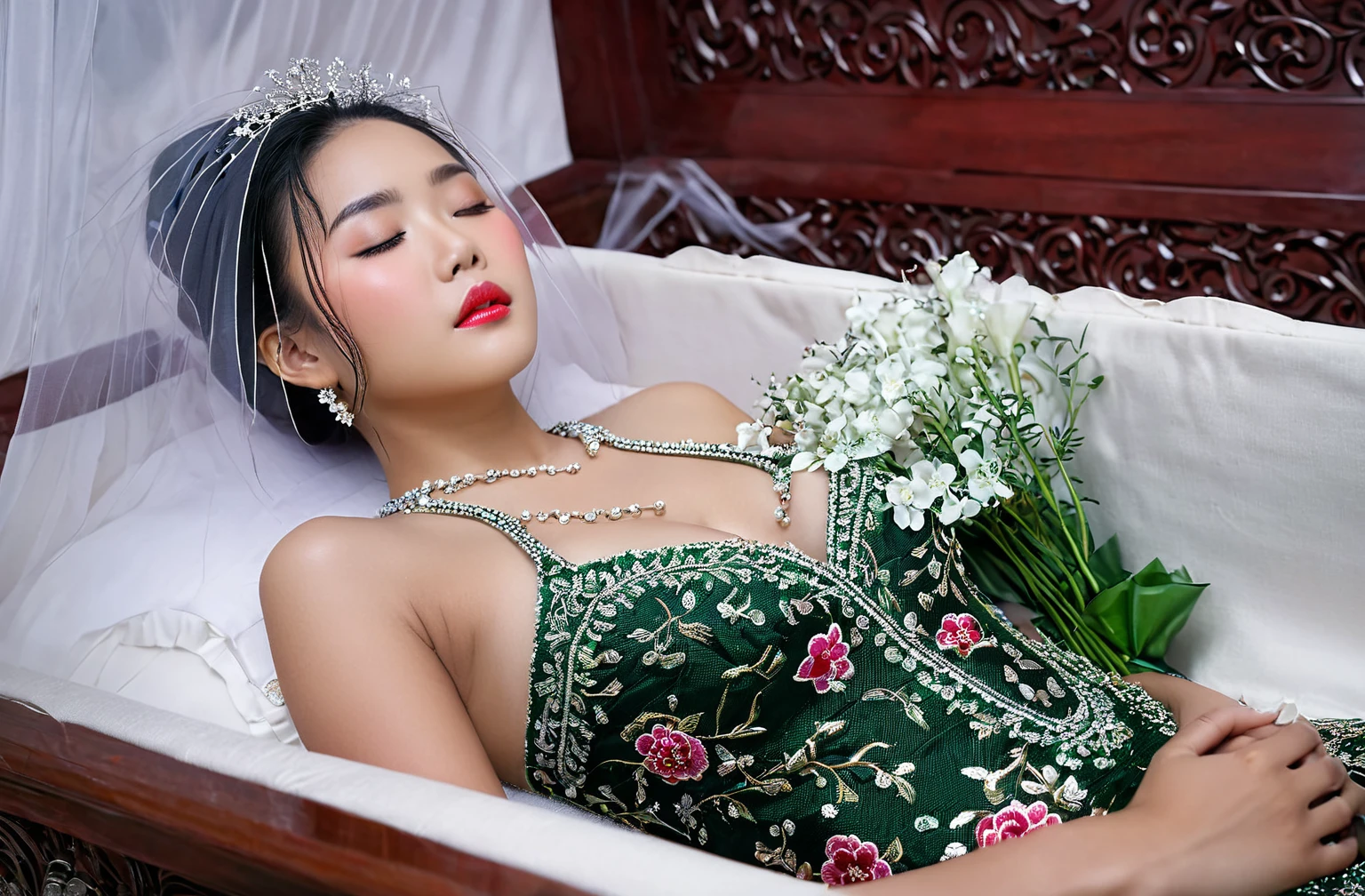 In a striking 8K HDR scene, a stunning Korean woman, 22 years old, lies peacefully in a long coffin and coffin lid beside the dead body. surrounded by plush pillows behind head. The deep box is set against a rich white background, accentuating the beauty of the subject. Her exquisite deep-V neckline kebaya attire is embroidered with superb detail, showcasing her round and firm breasts, perfect cleavage, and beautiful eyebrows. Her closed eyes and mouth give an air of serenity, while her visible and absolute cleavage leave nothing to imagination. The scene is bathed in saturated colors, highlighting every intricate aspect from the ball skirt to her clean face, straight body, detailed hand perfect hands, straight body, own hands together, own hand on stomach, detailed hands, perfect hands, holding the flowers, interlocked fingers
