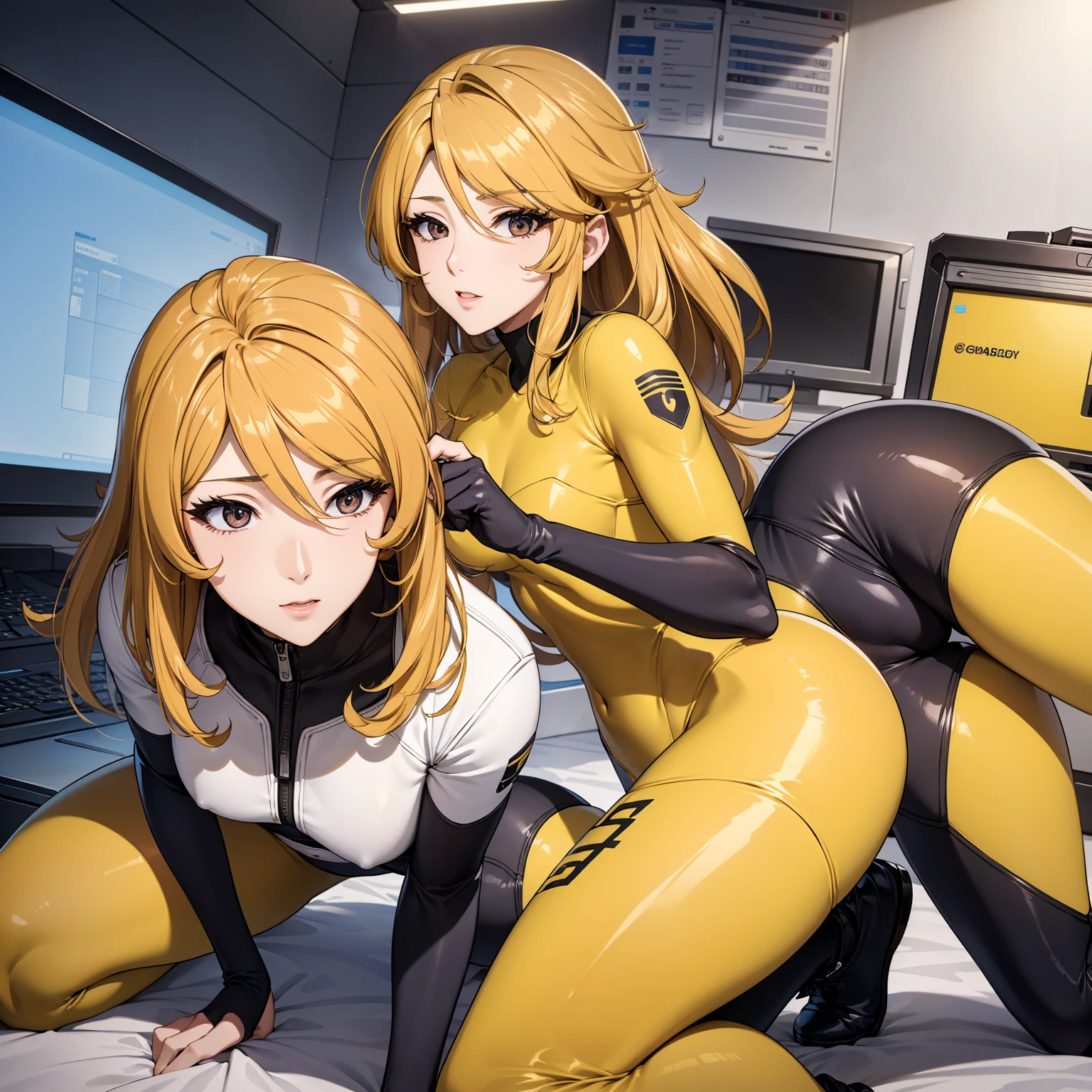 masterpiece, best quality, ultra detailed,score_9, score_8_up, score_7_up, score_6_up, score_5_up, score_4_up,masterpiece, best quality, highres, Young female, Beautiful Finger, Beautiful long legs, Beautiful body, Beautiful Nose, Beautiful character design, perfect eyes, perfect face, expressive eyes, 1girl, solo(((Highest quality))), (((masterpiece))), (((detailed))),
moriyuki, (Perfect Face), (((detailed face))),
alone, Mouth closed, A light smile,
Blonde, Long Hair, Brown eyes, (((Highest quality eyes)))
Mori Bodysuit, (Yellow bodysuit), large breasts,bedroom