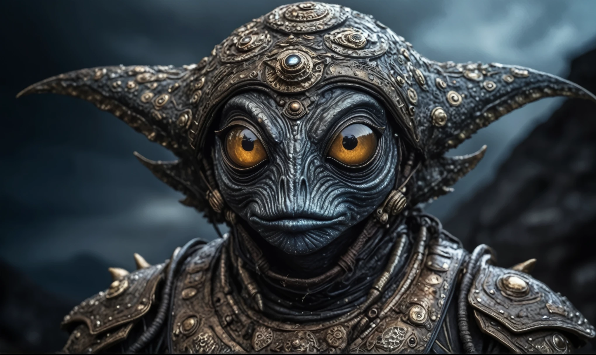full body length shot,nerd graphite  Alien Entity,native africa ,azctec Finnish Lapland,Cinematic,soft colors, Technicolor,natural skin textures, hyper realism, hyper detailed,Extremely detailed,High contrast,Masterpiece,Realistic,Ultra Detailed, intricate details,realistic humid leather,extremely intricate details,Epic Realistic, cinematic style, irina yermolova,high contrast,hdr,extremely detailed, [deep night landscape],masterpiece, intricate details, eyes extremely detailed, high detailed eyes,8k resolution,retina, Nikon Z9,Korea,orc,Egypt, Pisces, transition between two art styles,full body length, Double contact, X-ray, Creative, vivid light, fantasy, Abstract, Surrealism, super detailed, high resolution,insanity national folk wear,skin  almost translucent, gothic elements,Mestichino,Light particles,chaos,starfish's leather,"(The best lighting, dark, dramatic), terror.),(fish eyes, insane whith a Big ONE a Only Eye ,USSR style, and helmet Style,  camouflage brown grey Rusty, Ambient in a meteorite crater super detailed, 