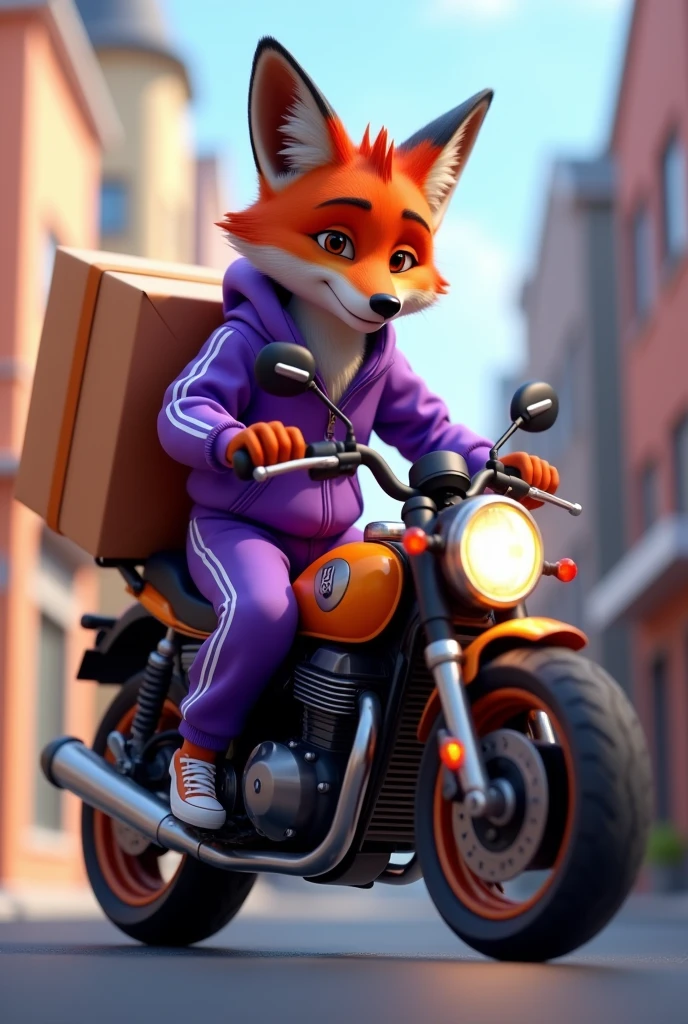 A Disney Pixar 4D style fox wearing a stylish purple tracksuit and dropshipping on top of a motorcycle style delivery man motorcycle