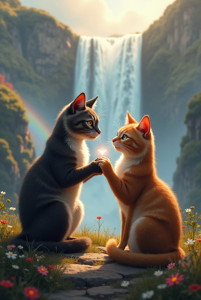 Scene 9: The Eternal Promise
Title: A Bold Promise of Forever
Description: On a secluded hilltop, the boy cat presents the lady cat with a sparkling diamond ring. His large paw carefully holds the delicate ring, showcasing his gentle and romantic nature. The lady cat’s eyes, filled with determination and love, meet his, her curvy and bold figure creating a striking contrast with his broad-shouldered form. A waterfall and rainbow in the background amplify the romance, making this promise of eternal love a bold and unforgettable moment.