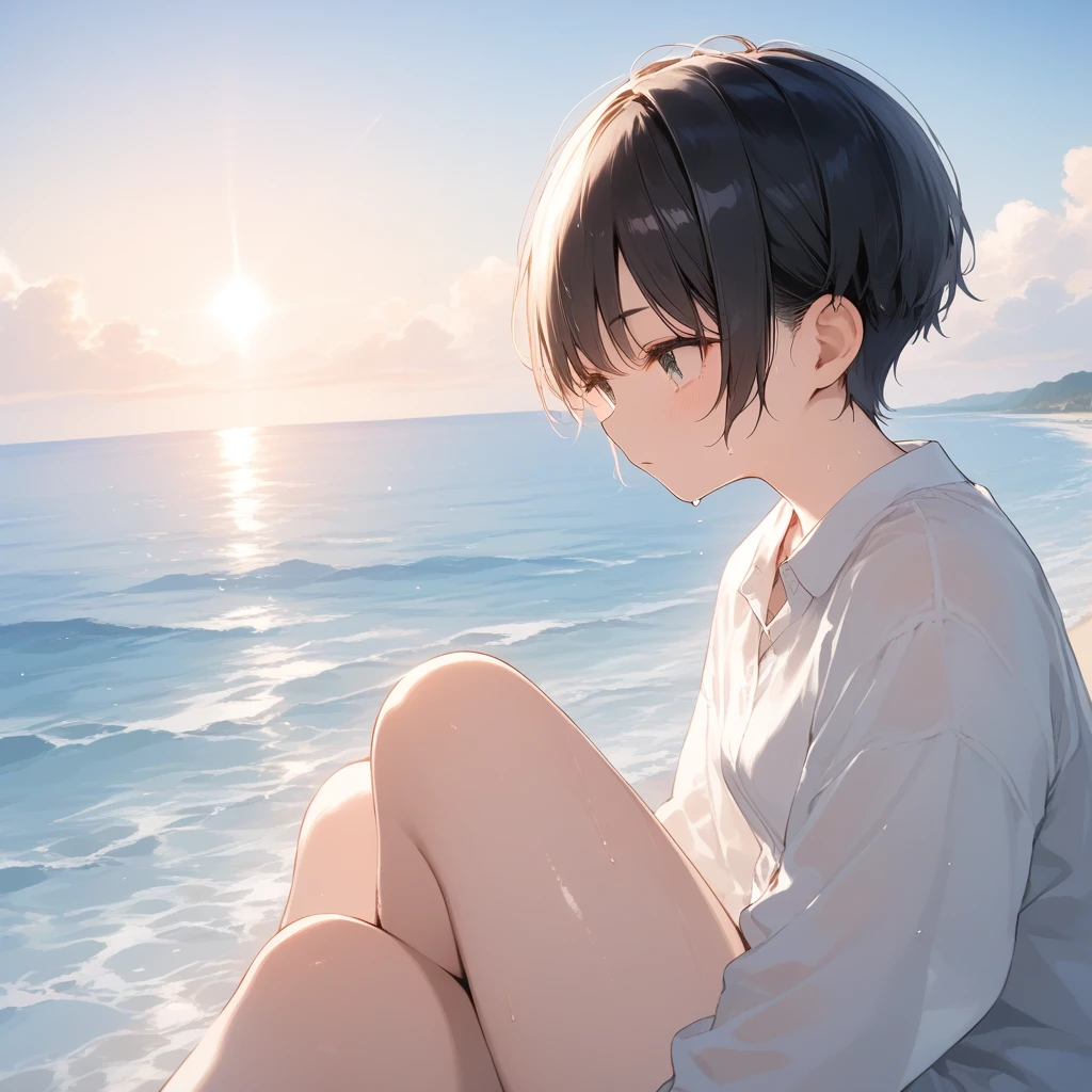 score_9, score_8_up, score_7_up, source_anime, best quality, masterpiece, official art, absurdres, highres, ultra-detailed,waifu2x,Collection: Pixiv 1000,break,1girl, tomboy, school girl, very short hair, pixie cut, small breasts, slender, thighs, beautiful detailed eyes, expressionless, sweat, sleepily, (disgust:0.3), ocean, outdoors, break,(clear line illustration:1.2), super detailed skin, shiny skin, very high resolution, very aesthetic, Best sexual lighting powered by famous artist, 4k, 8k, 16k, cute picture, beauty illustration,photoshop_(medium),,(Detailed Lighting),best anime 8k konachan wallpaper, pixiv contest winner,