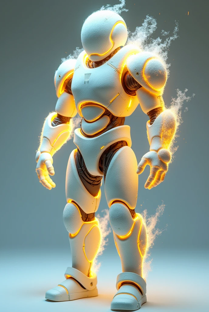The whole body is composed of white sodium oxide and light yellow sodium peroxide.,Shell armor formation,Light blue silicon crystals growing on the body,A humanoid figure with a white and light yellow upper body,The lower body is shaped like a gyro,Sodium metal flames covering the fuselage