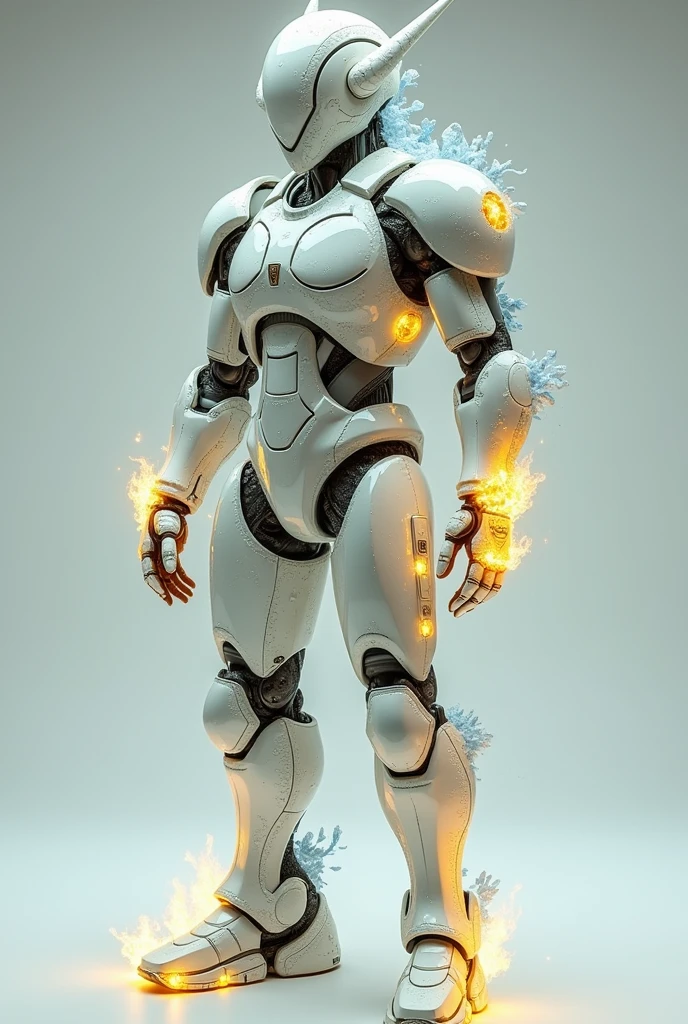 The whole body is composed of white sodium oxide and light yellow sodium peroxide.，Shell armor formation，Light blue silicon crystals growing on the body，A humanoid figure with a white and light yellow upper body，The lower body is shaped like a gyro，Sodium metal flames covering the fuselage