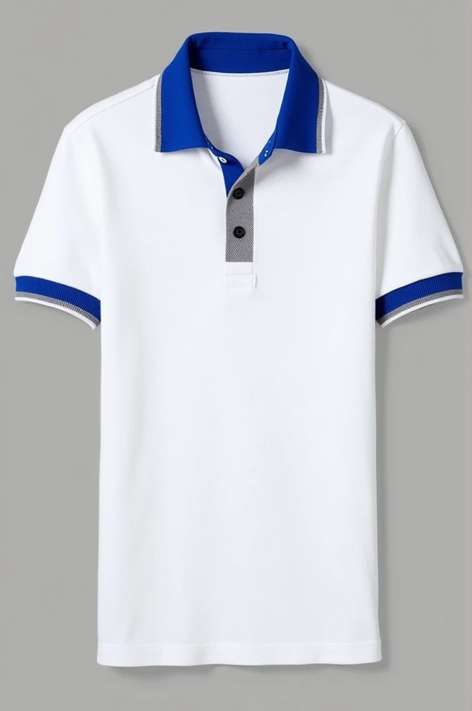 A white polo shirt with royal blue and grey stripes on the collar and sleeves.