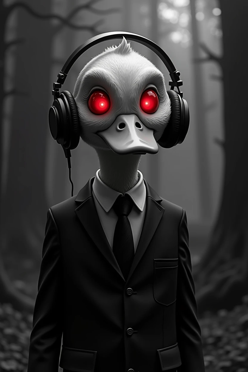 duck in business suit and wireless headphone rich in details, black and white horror forest background, with lots of details in the background, red glowing eyes, Horror Theme, dark, Terror