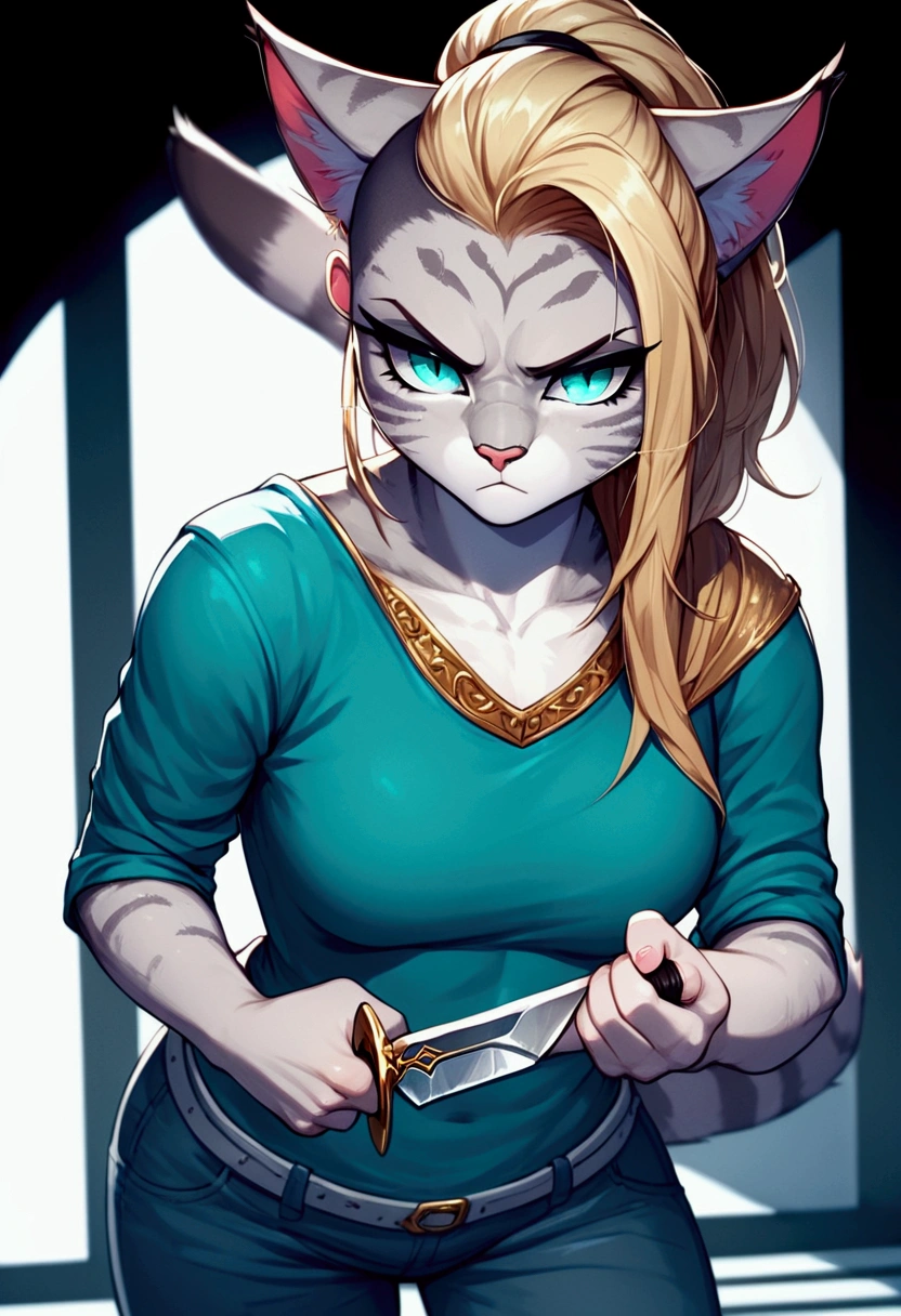 A strong and majestic female warrior cat in black and white carrying a sword with Meow of Truth written in bold script on her feminine chest.You want it in the form of a personal photo