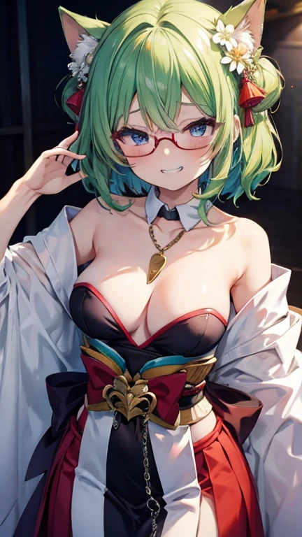 Wicked Smile、((Grin)) Hearts in the eyes Sweating profusely Embarrassed Adult Woman Adult female Sticking out tongue Shrine maiden costume Chest Shoulder Bare Green Hair Straight Hair semi-long Small breasts Ribbon on head Glasses Collar and chain gloves race
