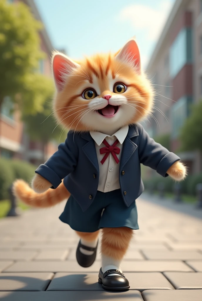 A hyperrealistic kitten in uniform going to school happily