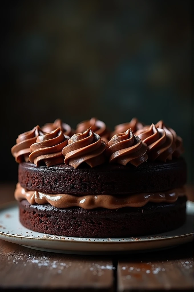 cinematic film still chocolate, chocolate cake, dark background, quality photo, moist texture, frosting, studio photo, slice . shallow depth of field, vignette, highly detailed, high budget, bokeh, cinemascope, moody, epic, gorgeous, film grain, grainy