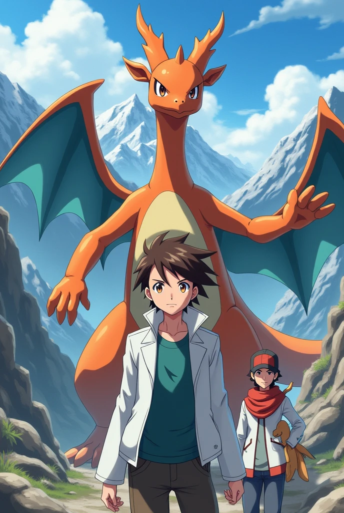 style:anime,hair color:brown,pokemon trainer,pokemon charizard,White jacket,ojos brownes,in the mountains,accompanied by a rival