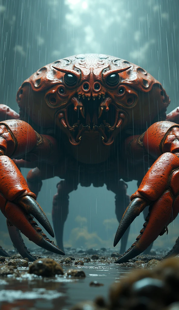 (Professional 3D image : 1.3) of the most beautiful work of art in the world, of a gigantic creature (a giant crab monster with a menacing expression in a dynamic pose, a fantastic location, a magnificent environment), une unique sortie 8k en entire, an action scene, the crab has 8 legs, a very dark light, pronounced shadows, a detailed face, attention to detail (vibrant, photo realistic, realistic, impressive, sombre, net, 8k), (complexity : 1.4), in decline (with a high level of detail : 1.4), a digital painting, made with Octane, an artistic station, an artistic concept, seeds, a sharpness, an illustration, the seed of art, (loïsh : 0.23), WLOP, Ilya Kuvshinov, and Greg Rutkowski and Alphonse Mucha, THANKS, (global lighting, studio lighting, volumetric lighting), pouring rain, floating particles, an antagonistic character, an illusion, Our world, entire, (Dark background and old town : 1.3), CGS company, the art station.