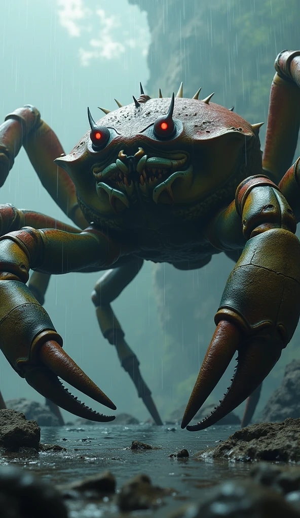 (Professional 3D image : 1.3) of the most beautiful work of art in the world, of a gigantic creature (a giant crab monster with a menacing expression in a dynamic pose, a fantastic location, a magnificent environment), une unique sortie 8k en entire, an action scene, the crab has 8 legs, a very dark light, pronounced shadows, a detailed face, attention to detail (vibrant, photo realistic, realistic, impressive, sombre, net, 8k), (complexity : 1.4), in decline (with a high level of detail : 1.4), a digital painting, made with Octane, an artistic station, an artistic concept, seeds, a sharpness, an illustration, the seed of art, (loïsh : 0.23), WLOP, Ilya Kuvshinov, and Greg Rutkowski and Alphonse Mucha, THANKS, (global lighting, studio lighting, volumetric lighting), pouring rain, floating particles, an antagonistic character, an illusion, Our world, entire, (Dark background and old town : 1.3), CGS company, the art station.