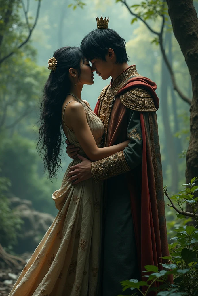 Make an Asian woman, but don&#39;t show her face, she has long black wavy hair, She is a savage and that is why her clothes are torn and worn out. next to her, Make BTS Singer Jeon Jungkook Dressed as a Prince, with the typical princely attire of a prince. The two are hugging on an island in the middle of the forest.