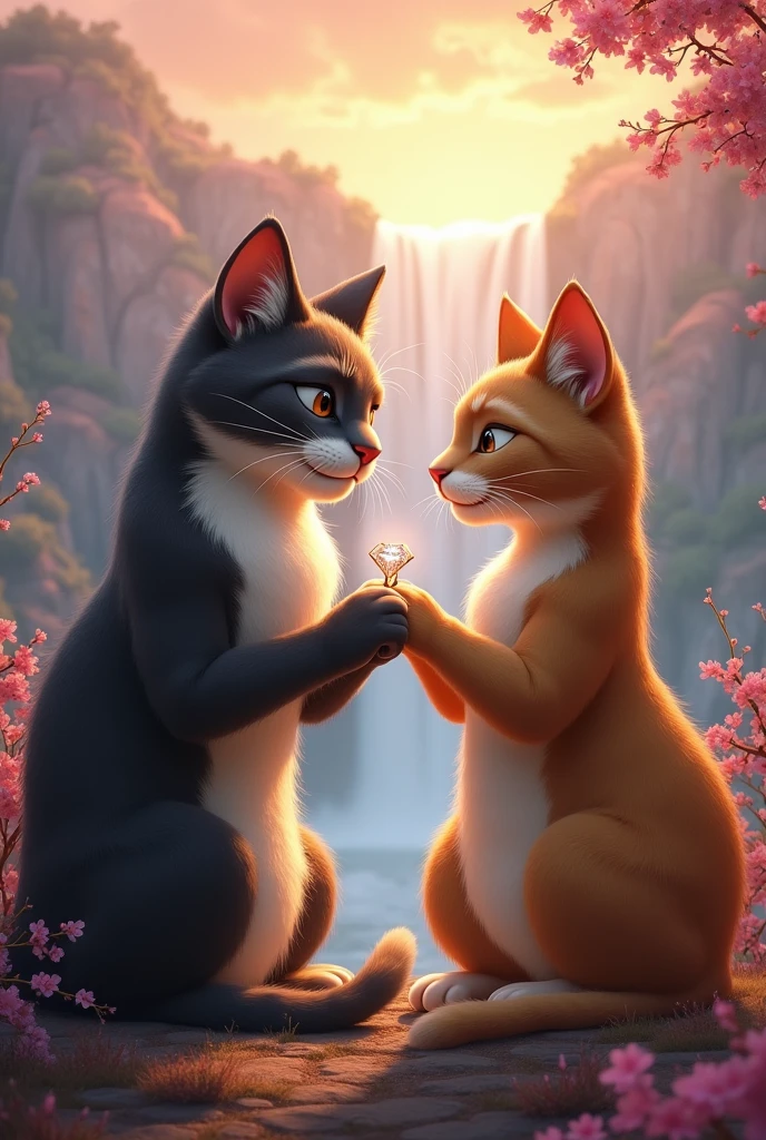 Scene 9: The Eternal Promise
Title: A Bold Promise of Forever
Description: On a secluded hilltop, the boy cat presents the lady cat with a sparkling diamond ring. His large paw carefully holds the delicate ring, showcasing his gentle and romantic nature. The lady cat’s eyes, filled with determination and love, meet his, her curvy and bold figure creating a striking contrast with his broad-shouldered form. A waterfall and rainbow in the background amplify the romance, making this promise of eternal love a bold and unforgettable moment.