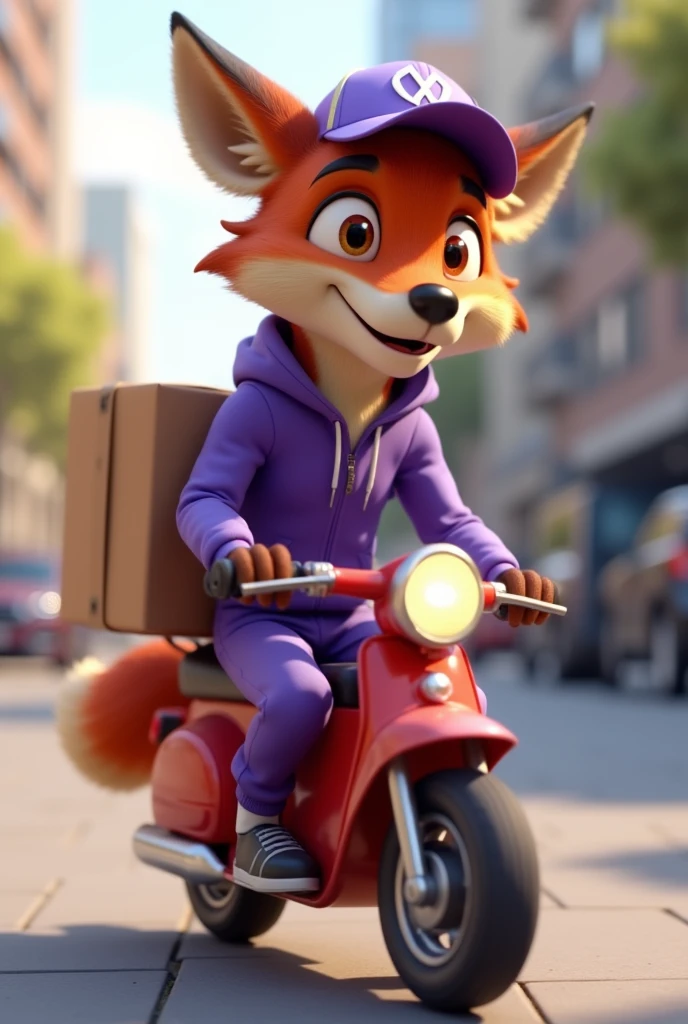 A young mature disney pixar style 3d fox wearing a purple tracksuit and stylish dropshipping on top of a delivery man style motorcycle wearing a delivery cap