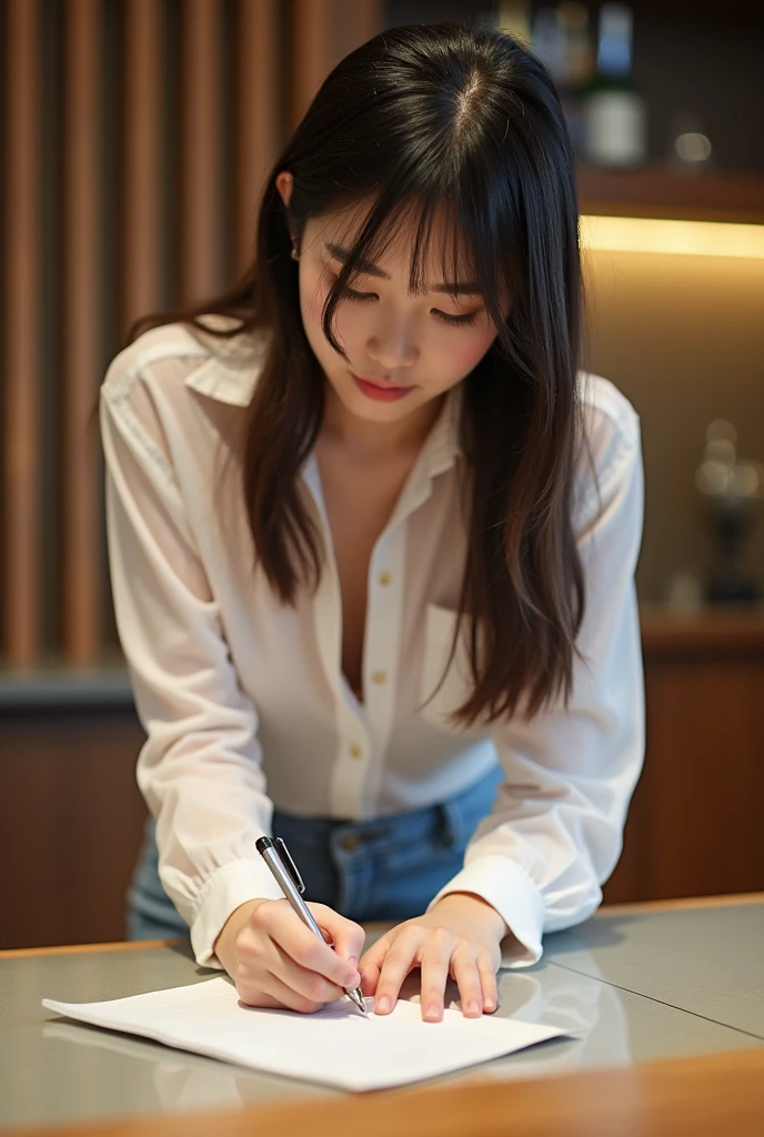 cute chinese girl, writing at the reception, wearing a short skirt, open shirt, bent over position, her breasts sticking out of her shirt, the texture of her shirt is transparent, camera from infront, masturbation
