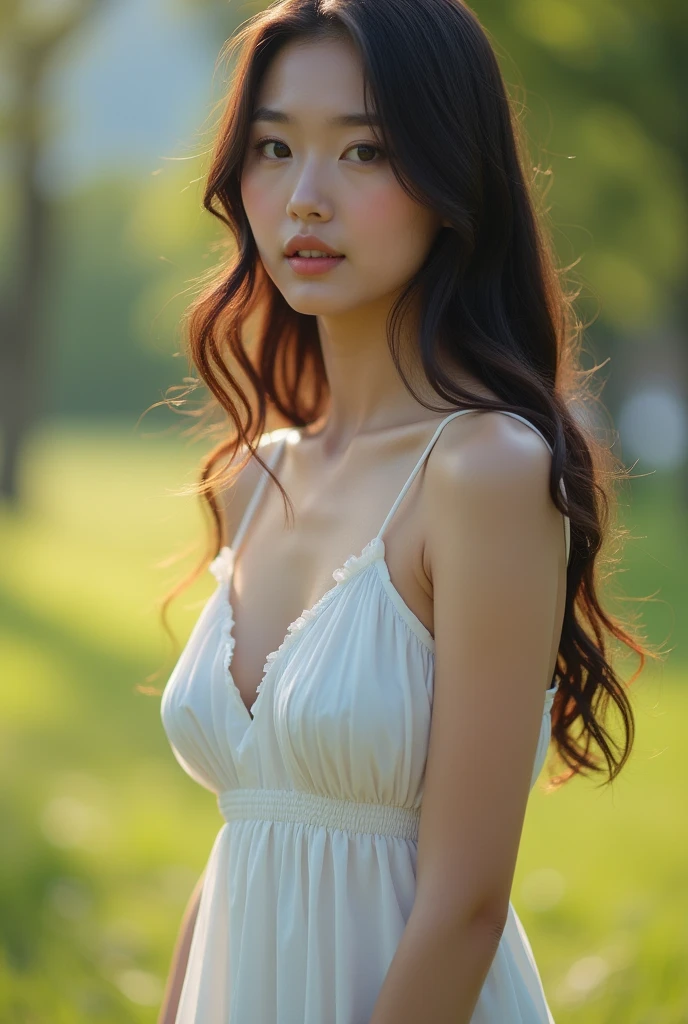 (Best quality, 8k, 32k, Masterpiece, UHD:1.2), NSFW, Big naked size 5 of a Japanese girl, Maxi Dress, no bra, outdoor, high noon, front lit, well-lit face, high speed sync lighting, one light set up