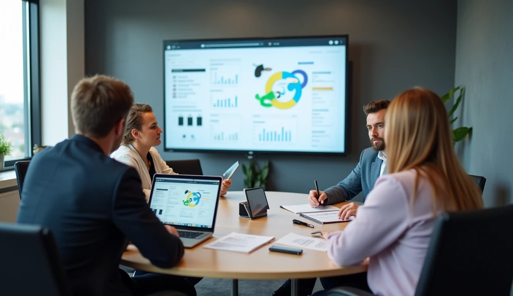 Project managers analyzing customer feedback data in a conference room.