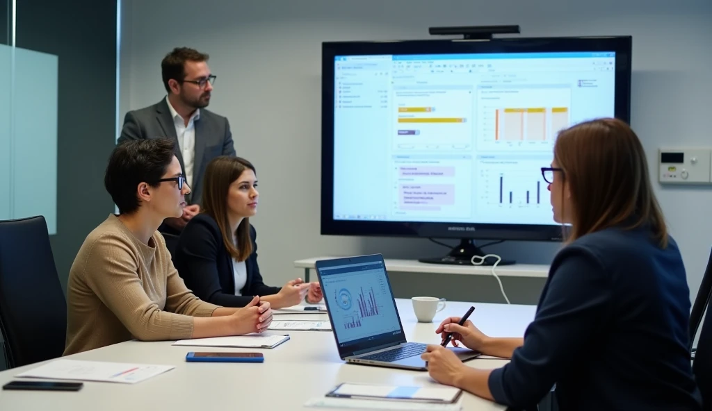 Project managers analyzing customer feedback data in a conference room.