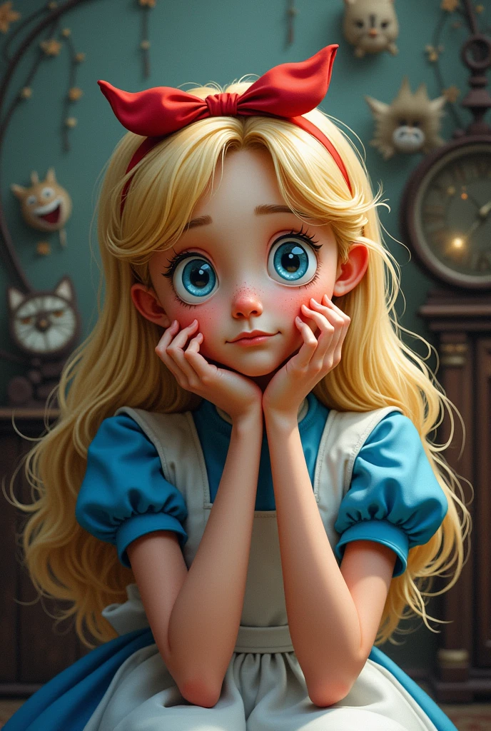 Draw a full-body portrait of Alice in Alice in Wonderland to capture a moment of deep contemplation. Her expression should be a mixture of curiosity and a hint of unease, as if she is deeply questioning reality and her place in it. Her large eyes should be wide open, reflecting the surreal world around her. A smiling Cheshire cat, a clock, inside the kingdom of Wonderland, etc. The lighting is soft yet dramatic, casting gentle shadows that emphasise the depth of her thoughts. Her hair could be slightly dishevelled, as if she has been on a long journey, and the iconic  red　headband could be slightly slanted to add to the sense that she is pensive. The colour palette is a mix of soft pastels and dark, introspective tones to create a balance between innocence and the complexity of her thoughts.