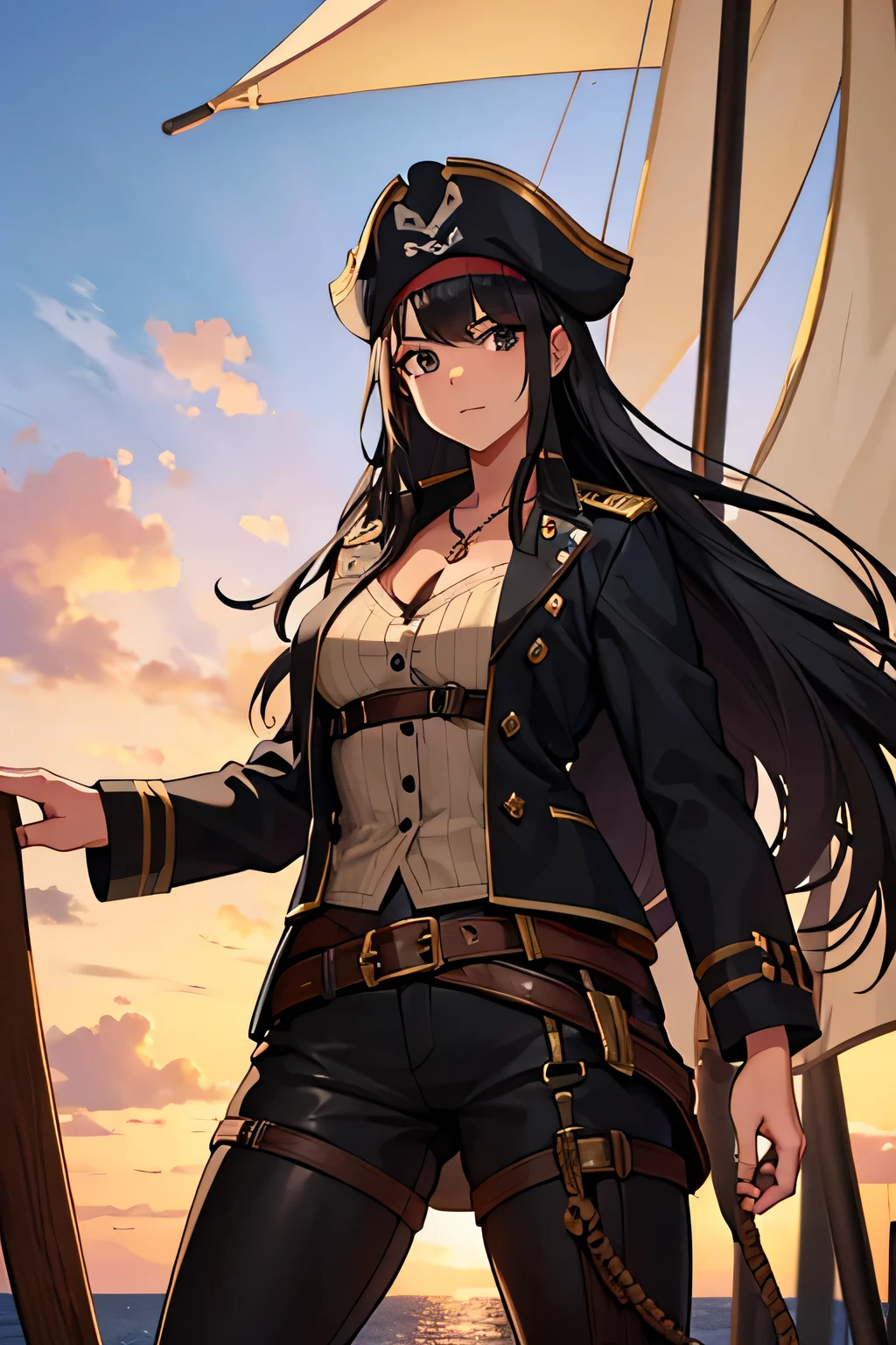 a 30 year old female pirate captain, tall, standing on a pirate ship looking at the viewer, long black hair, black eyes, rugged